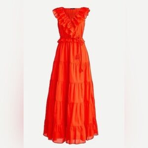 JCrew ruffle maxi dress in deep red/orange color